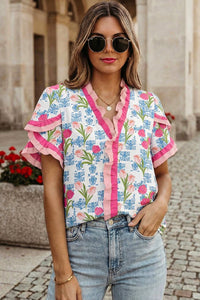 Floral Print Ruffled Trim V Neck Blouse
