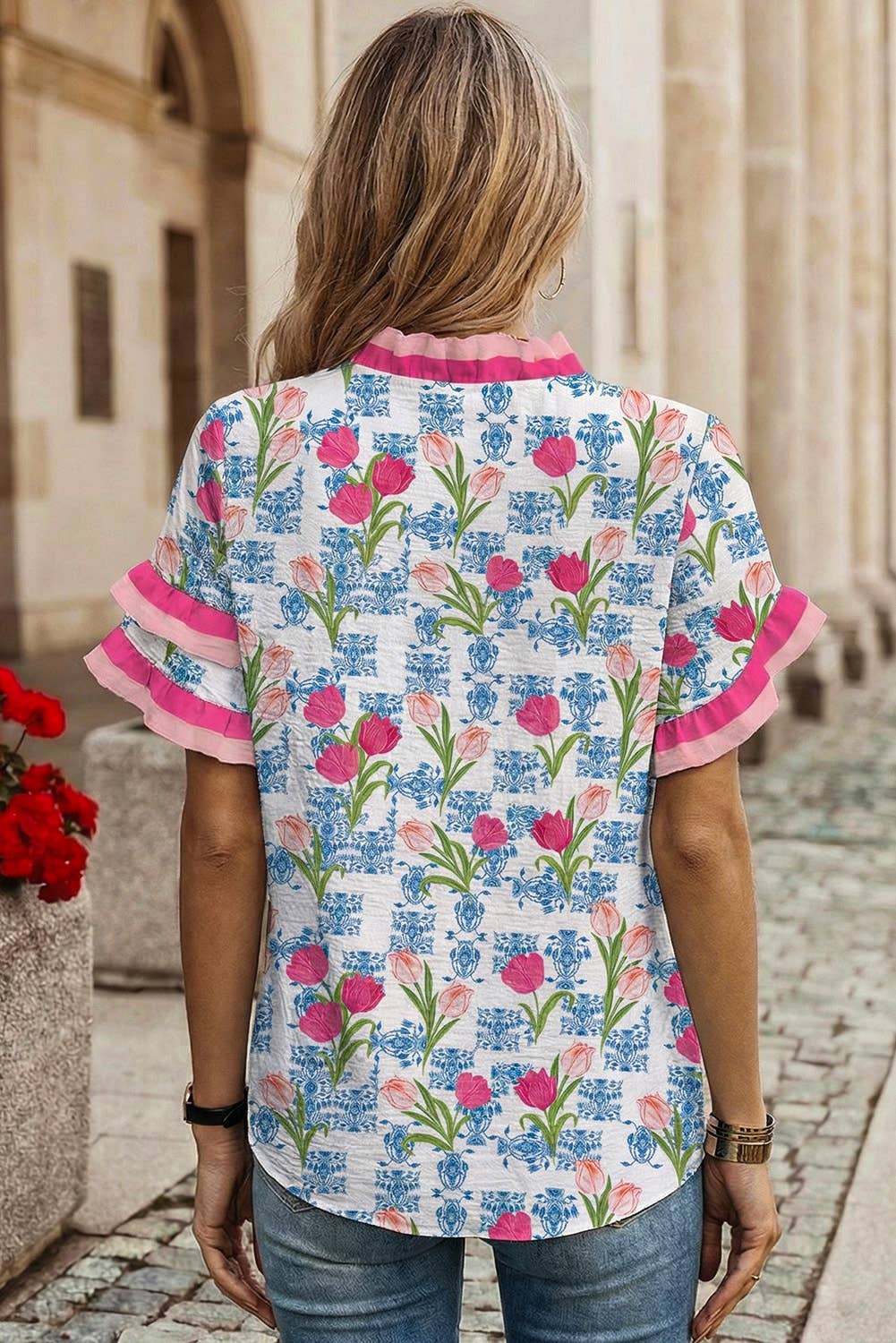 Floral Print Ruffled Trim V Neck Blouse