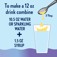 Instructions for making a 12 oz drink with water or sparkling water and syrup, shown with a glass and spoon illustration.