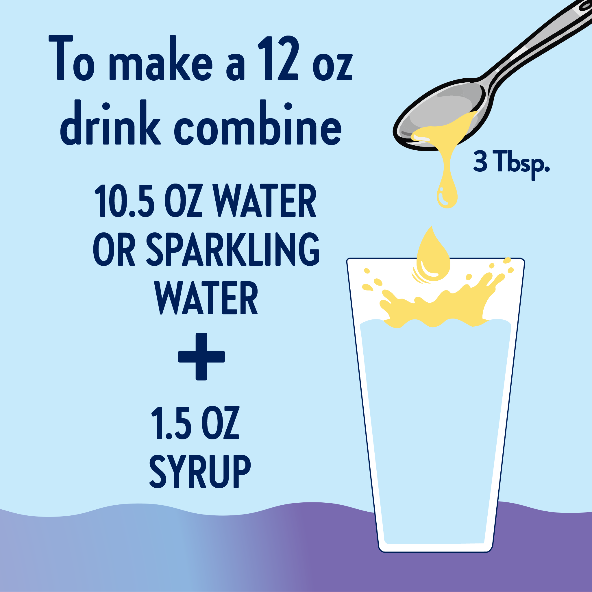 Instructions for making a 12 oz drink with water or sparkling water and syrup, shown with a glass and spoon illustration.