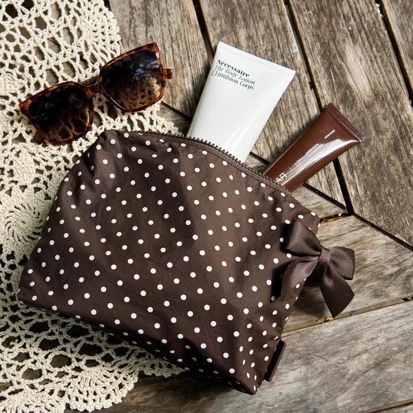 Crinkle Makeup Bag-Espresso Polka Dot Bow