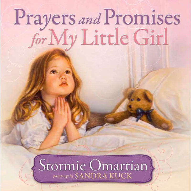 Book cover of 'Prayers and Promises for My Little Girl' with a girl praying in bed and a teddy bear.