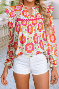 Floral V Neck Casual Shift Blouse: Rose