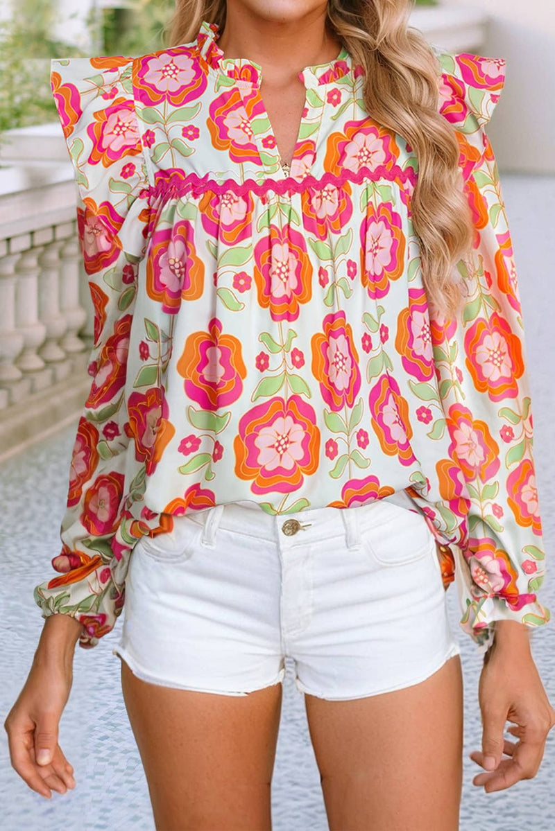 Floral V Neck Casual Shift Blouse: Rose