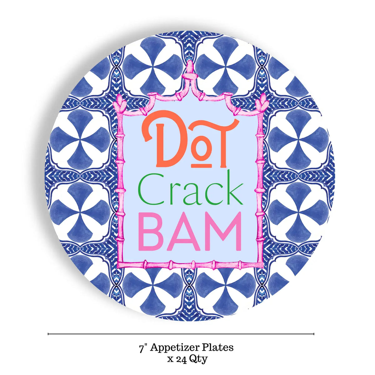7-inch appetizer plate with decorative border and text 'Dot Crack BAM' on a white background