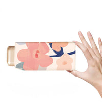 Hand holding a floral-patterned product with a white background