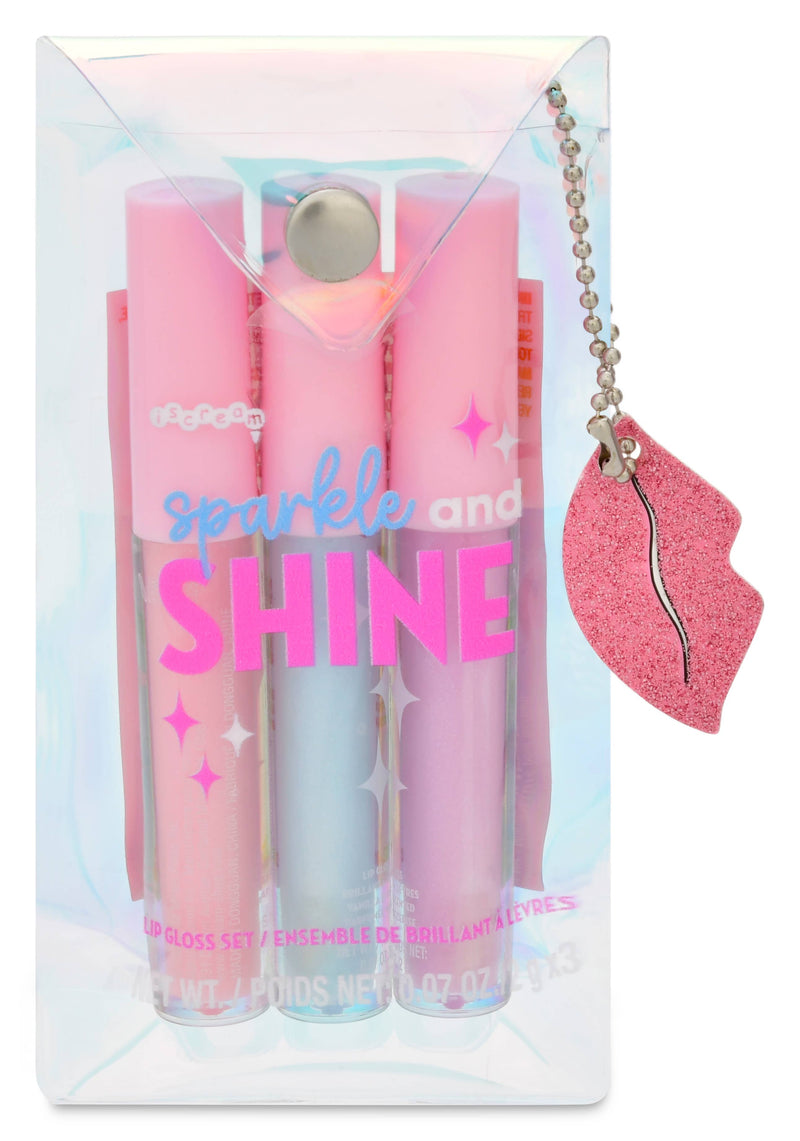Set of 3 lip gloss in clear case with lip charm