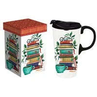 Ceramic Perfect Travel Cup, 17oz, w/ Gift Box, Books on Books