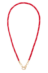 Red lanyard with a gold clasp on a white background