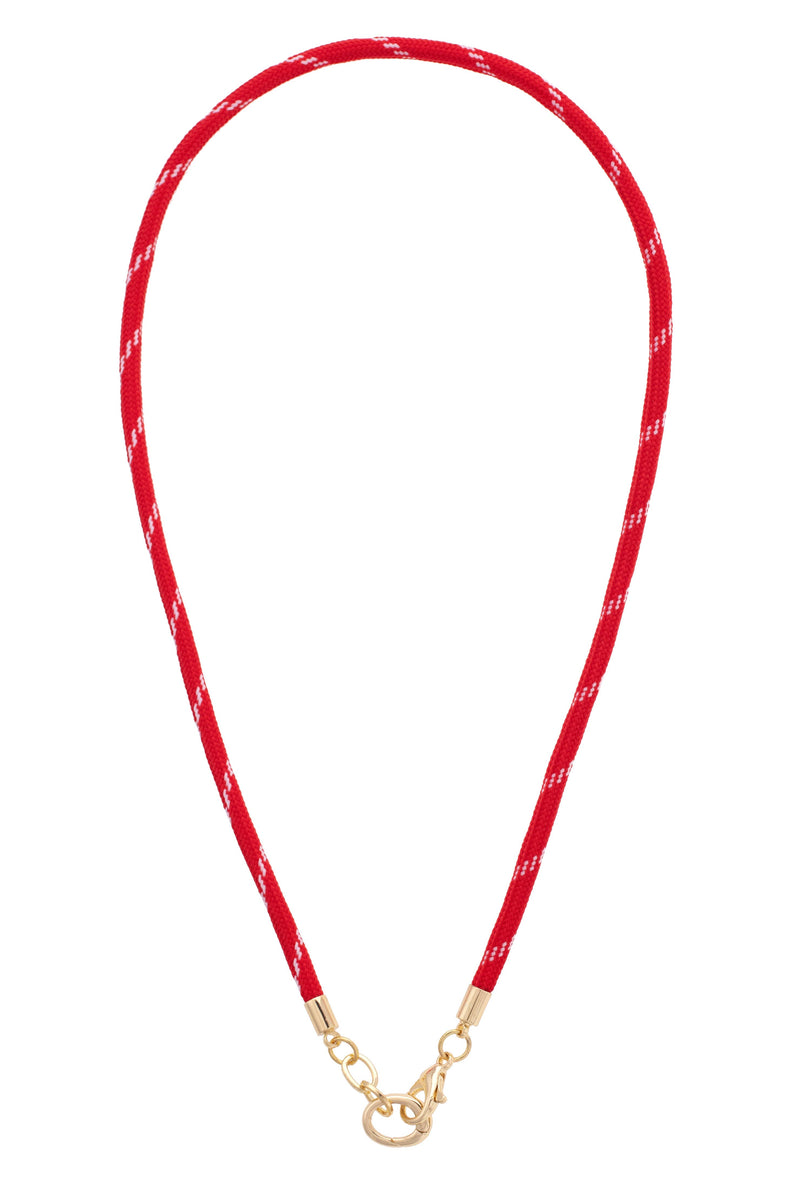 Red lanyard with a gold clasp on a white background