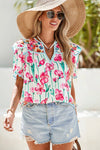 Floral Print Striped Detail Split Neck Blouse: Pink