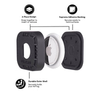 Black protective case for Apple AirTag with features highlighted on a white background