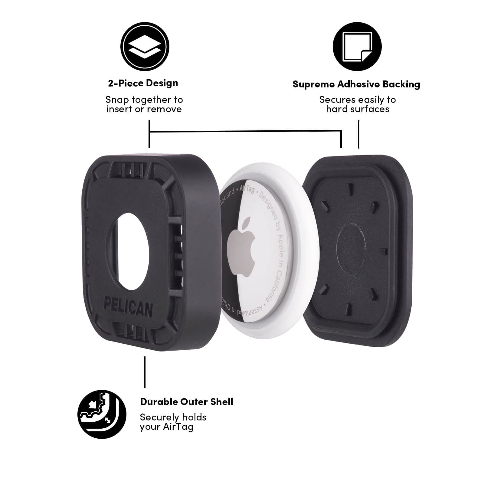 Black protective case for Apple AirTag with features highlighted on a white background