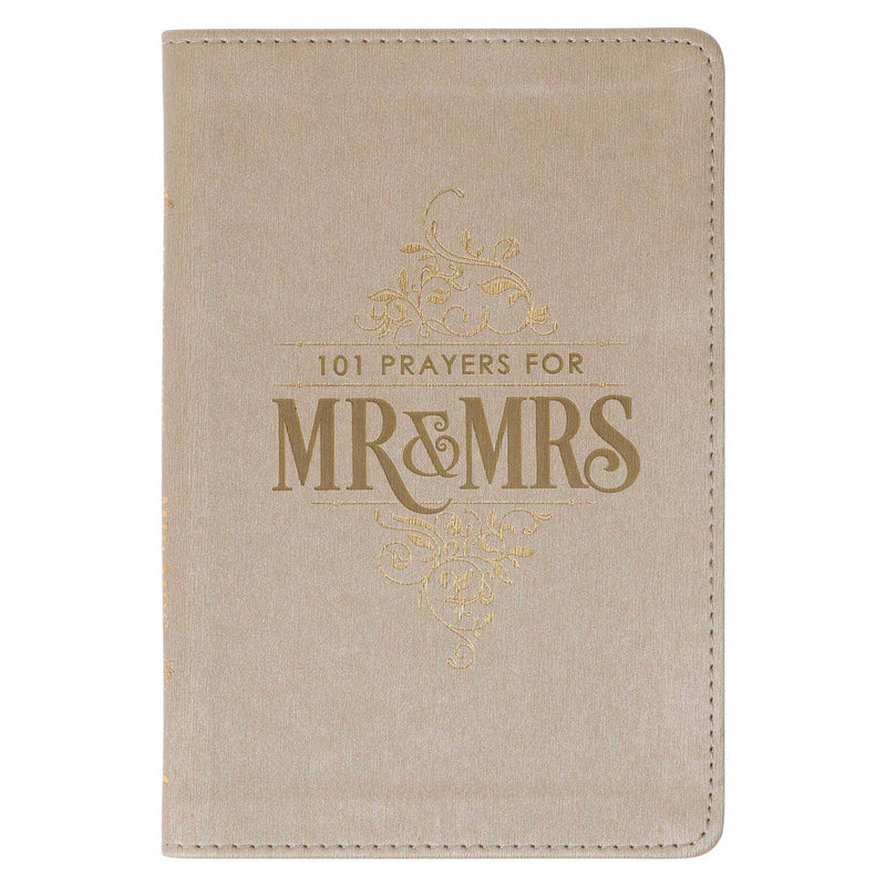 Beige book titled '101 Prayers for Mr & Mrs' with decorative elements on a white background