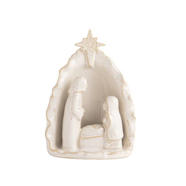 An off-white ceramic Christmas nativity scene figurine featuring Mary, Joseph, baby Jesus in a manger, and a star on a plain white background.