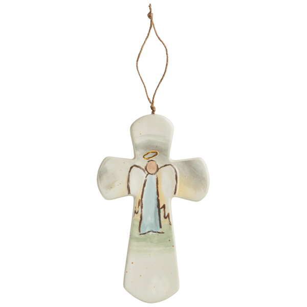 Cream colored ceramic cross ornament with handpainted angel on front on a white background