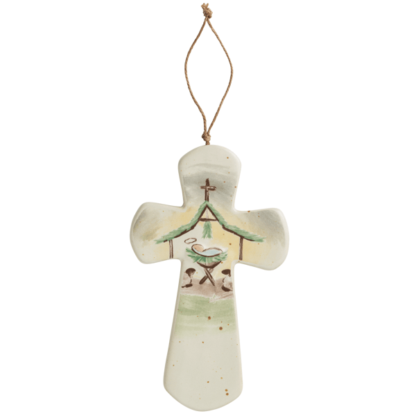 Off White ceramic cross with handpainted manger scene on a white background