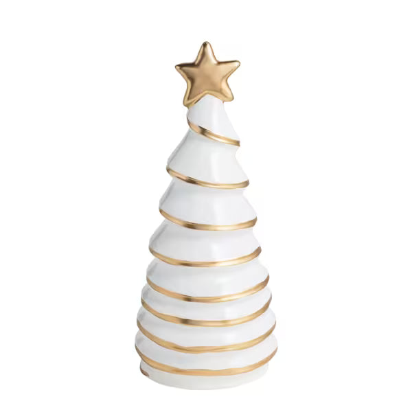 A white ceramic Christmas tree figurine with metallic gold stripes and a gold star topper, set against a plain white background.