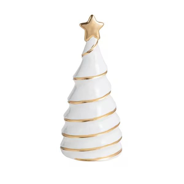 A white ceramic Christmas tree figurine with gold metallic accents, including a gold star on top and gold stripes wrapping around the tiers, set against a plain white background.