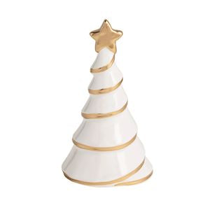 A white ceramic Christmas tree figurine with gold metallic accents, including a gold star on top, gold spiral stripes, and a gold base trim, set against a plain white background.