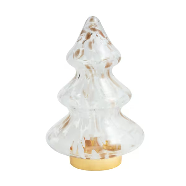 A clear glass Christmas tree-shaped candle holder with a gold-colored base, shown on a solid white background.