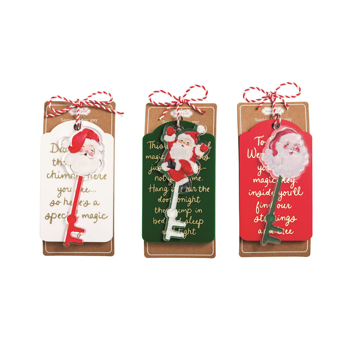 Three Christmas-themed gift tags with Santa illustrations and red-and-white striped twine, shown on a plain white background.