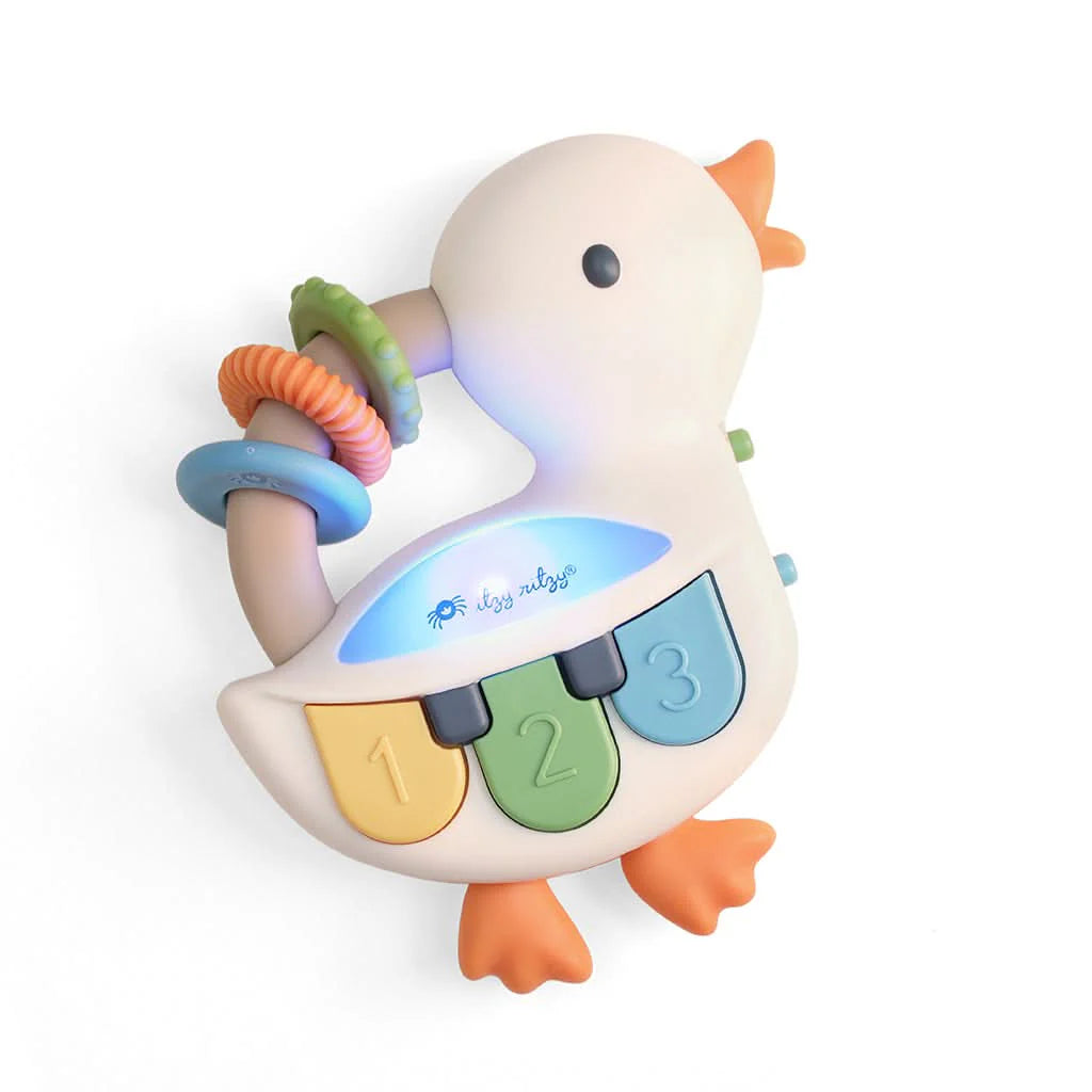 Colorful duck-shaped toy with rings and number buttons on a white background