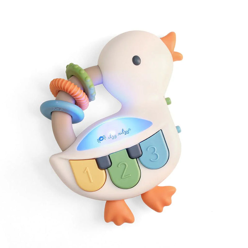 Colorful duck-shaped toy with rings and number buttons on a white background