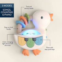 Toy duck with educational features labeled on a beige background