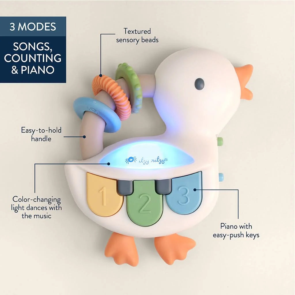 Toy duck with educational features labeled on a beige background