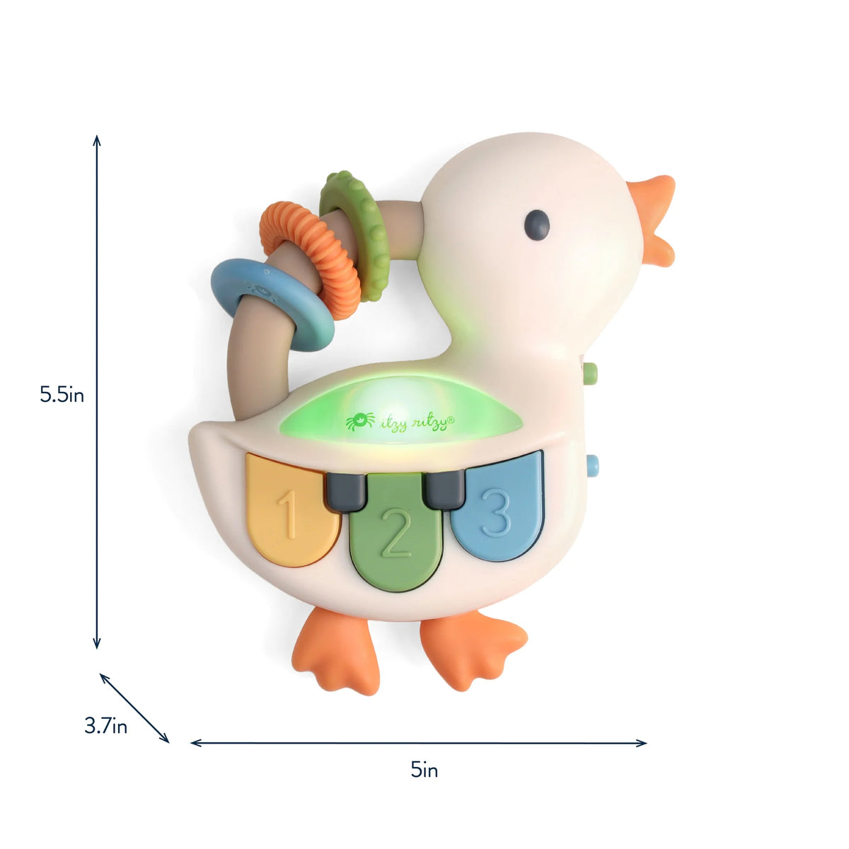 Colorful baby toy with numbers and a duck design, showing dimensions on a white background.