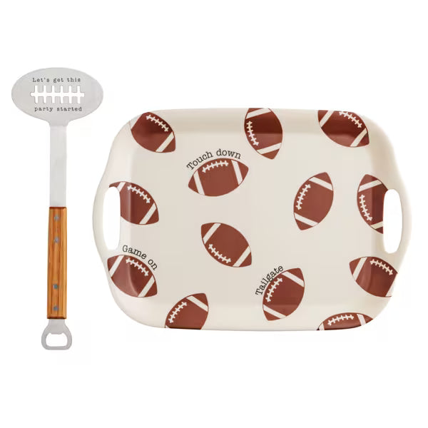Rectangular serving tray with football pattern and spatula on a white background