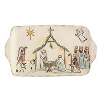 Decorative nativity scene with figures and elements on a white background