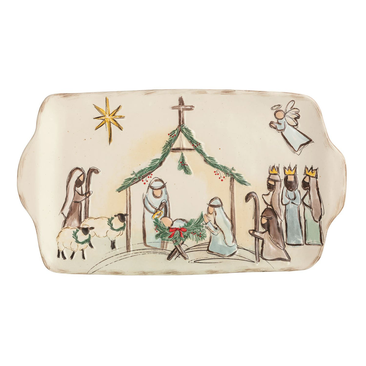 Decorative nativity scene with figures and elements on a white background