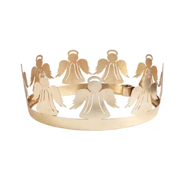 A gold-colored metal crown-shaped candle holder featuring cutout angel figures with wings and halos, set against a plain white background.