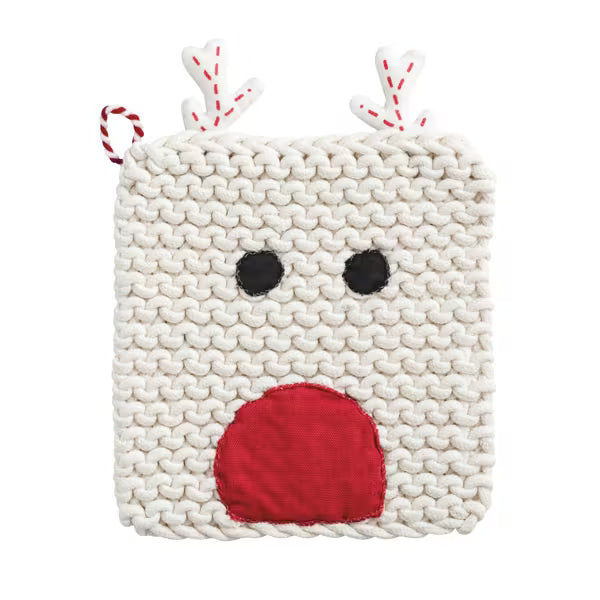 A square white knitted Christmas ornament or decorative piece featuring a reindeer face with black embroidered eyes, a red fabric nose, and white antlers with red dashed stitching, shown on a plain white background.