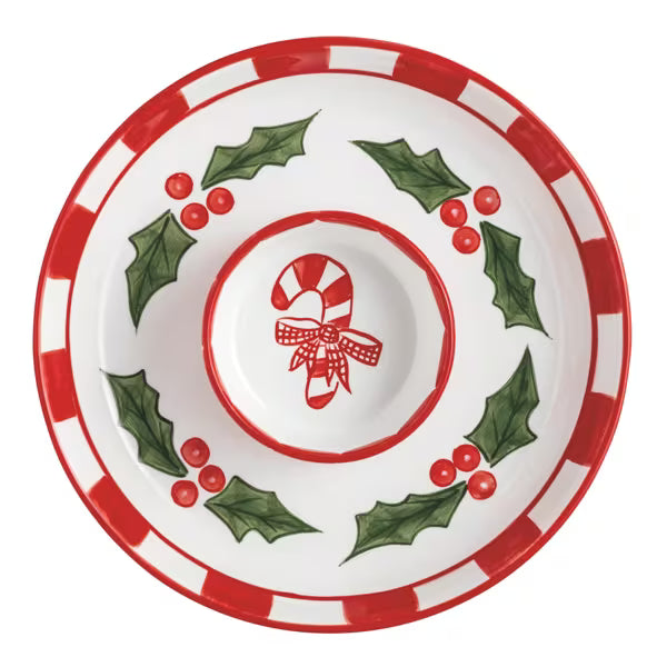 Christmas-themed plate with candy cane and holly design on a white background