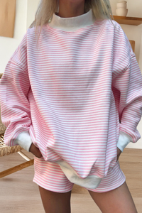 Stripe Oversize Mock Neck Sweatshirt and Shorts Set (S-XL): Light Pink / Missy