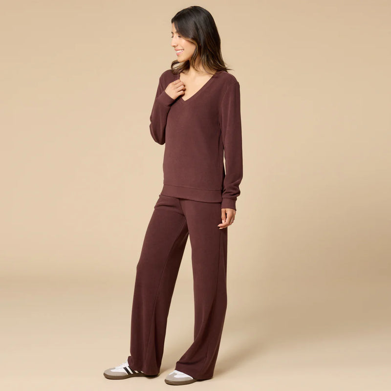 Vintage Velvet V-Neck With Wide Leg Pant-Espresso
