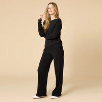Vintage Velvet Raglan Crew Neck With Pintuck Pants-Black