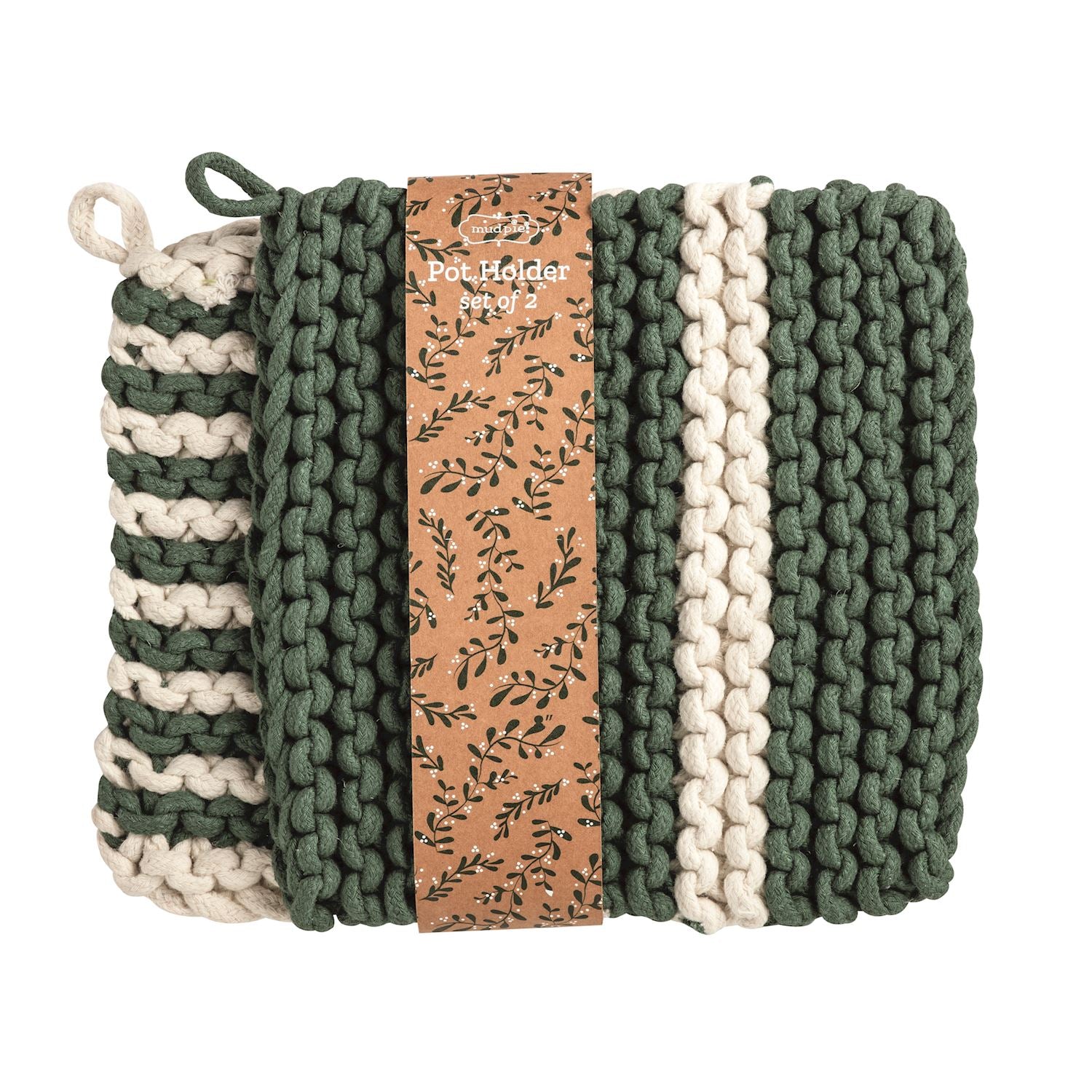 Double White  & Green Stripe Pot Holder Set