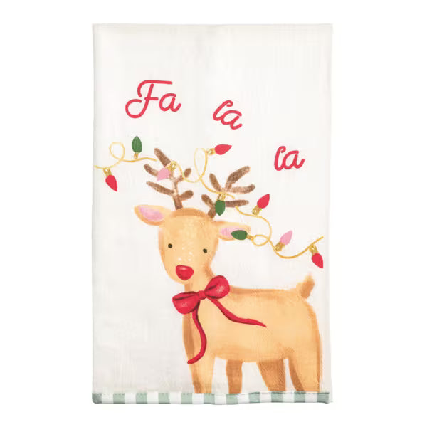 Decorative towel with a reindeer design and 'Fa la la' text on a white background