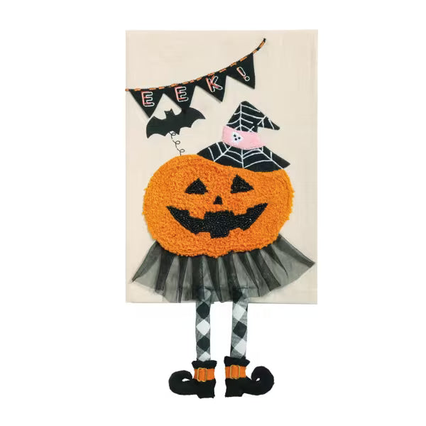 Halloween-themed towel with a jack-o'-lantern face, witch hat, and banner on a beige background.