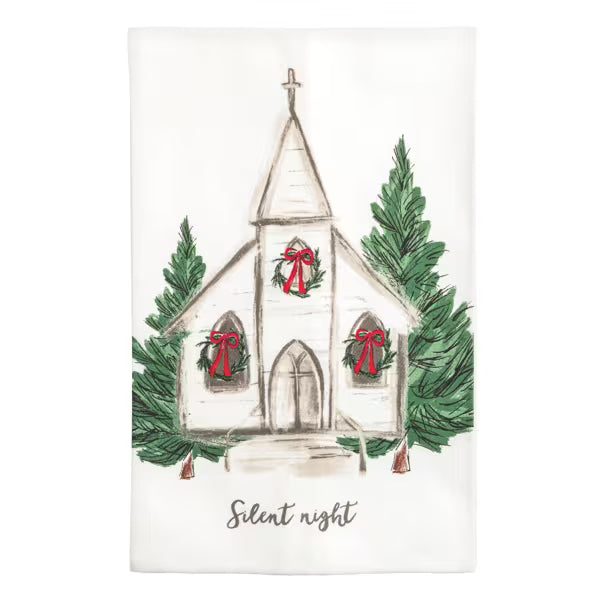 Illustration of a church with wreaths and 'Silent Night' text on a white background