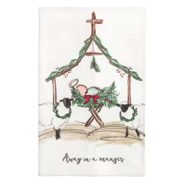 Christmas-themed tea towel with manger scene and 'Away in a manger' text.