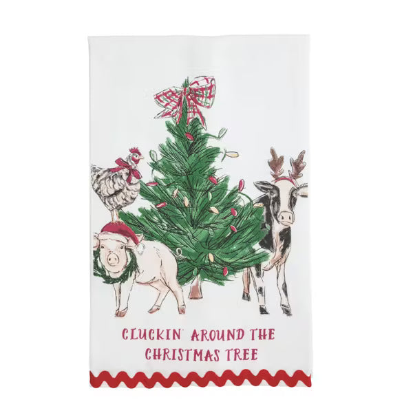 Decorative towel with Christmas-themed illustration of animals around a tree on a white background