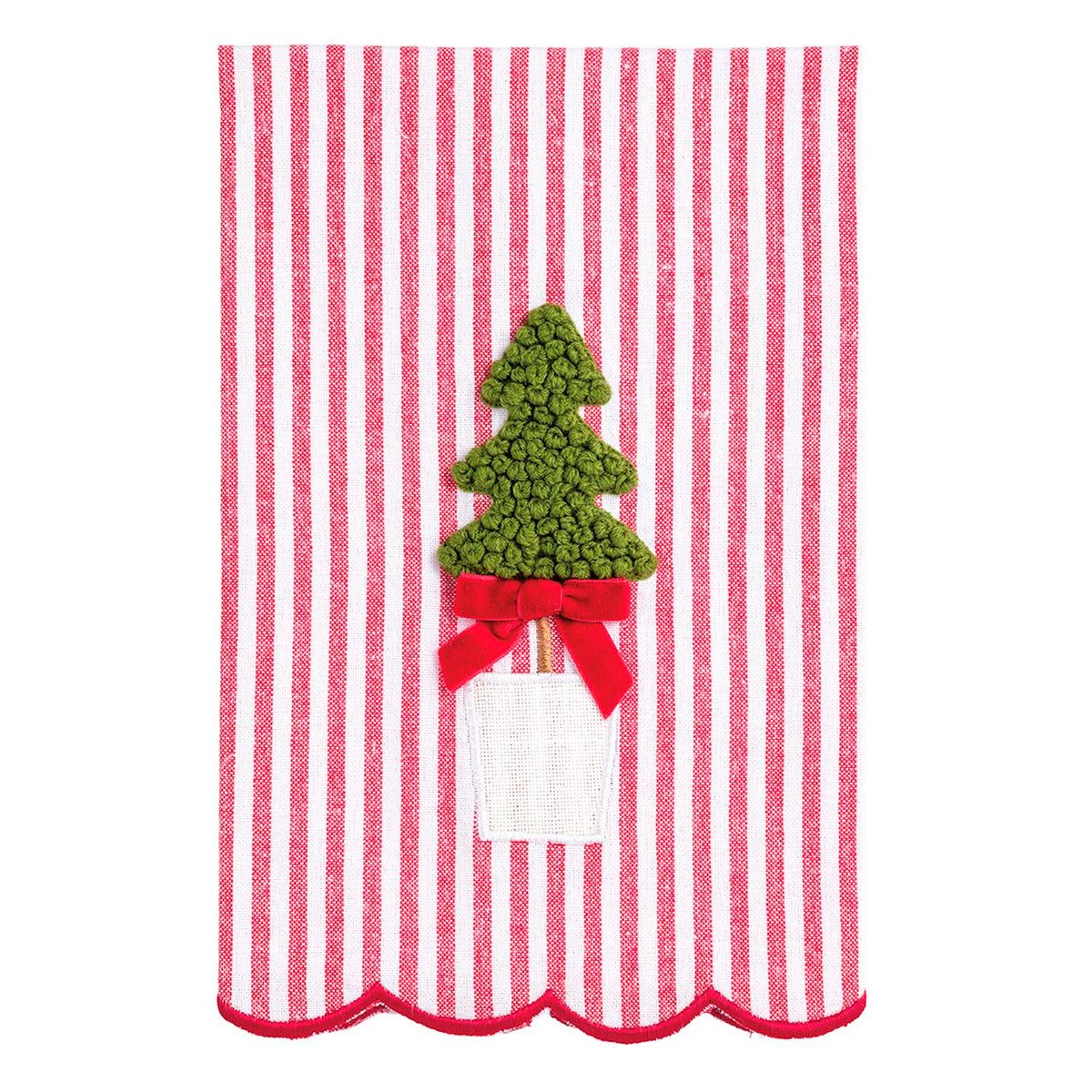 Red and white striped towel with a green Christmas tree and red bow design.