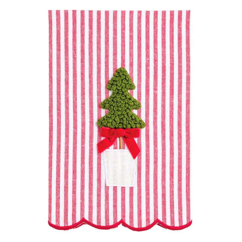 Red and white striped towel with a green Christmas tree and red bow design.