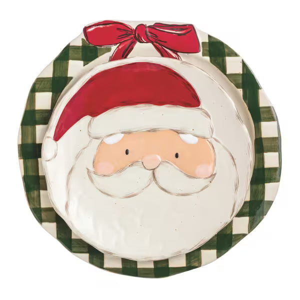 Decorative plate with a Santa Claus face and plaid border