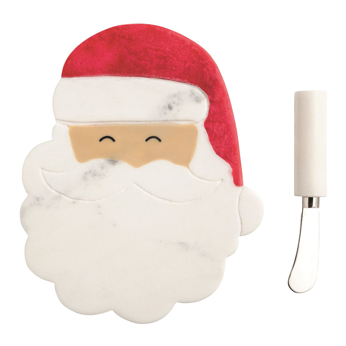 Decorative Santa face with a white beard and red hat, accompanied by a small white candle on a white background.
